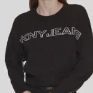 NEW WITH TAGS DKNY Jeans Women's Black Crew-Neck Cropped Logo Knit Sweater